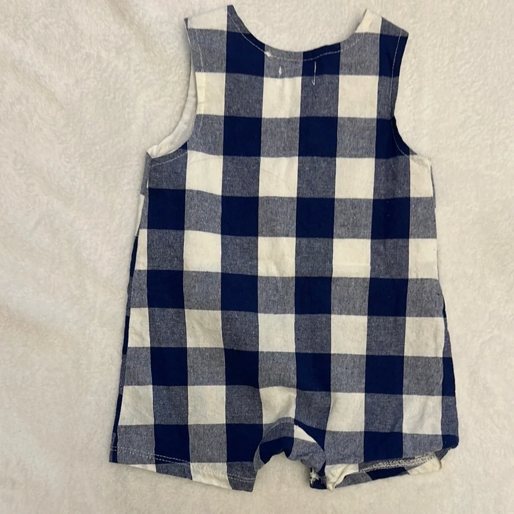 EUC Mud Pie blue gingham sports applique & grey knit safari animal rompers 3/6mo